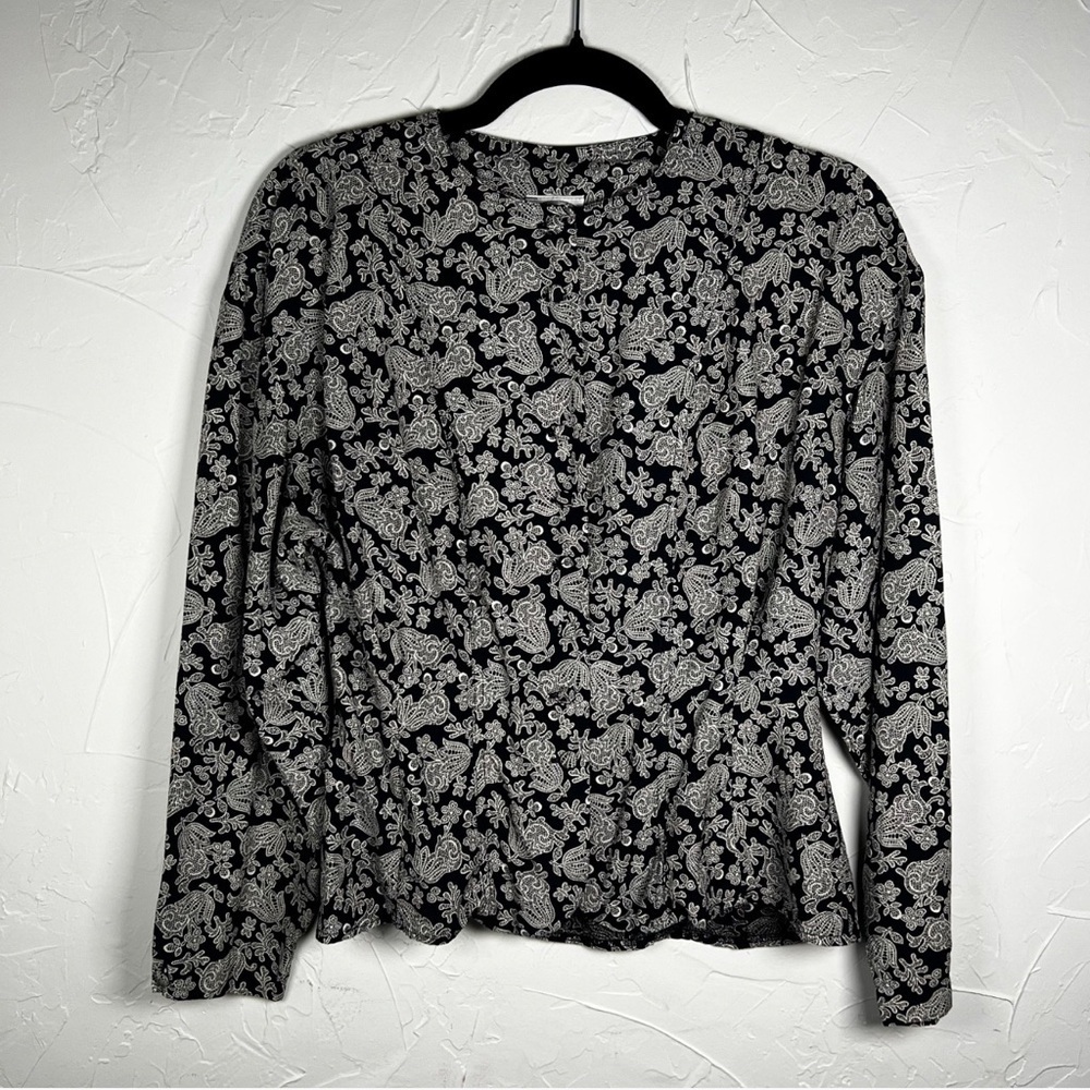Vintage Laura Ashley Floral Print Blouse | Black & White Long Sleeve Cottagecore